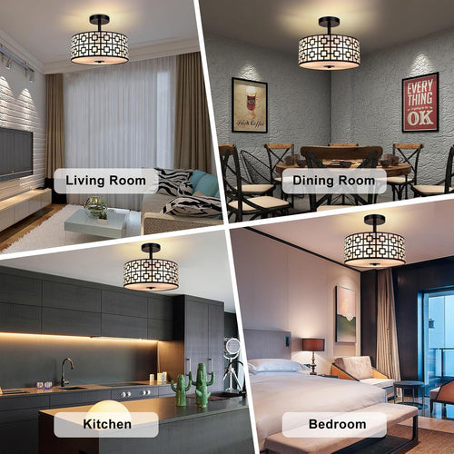 DLLT Flush Mount Ceiling Light: Modern 3-Light Semi Flush Mount Ceiling Light Fixture - Drum Kitchen Lighting Fixture for Dining Room - Black Bedroom Ceiling Lamp with Double Shade